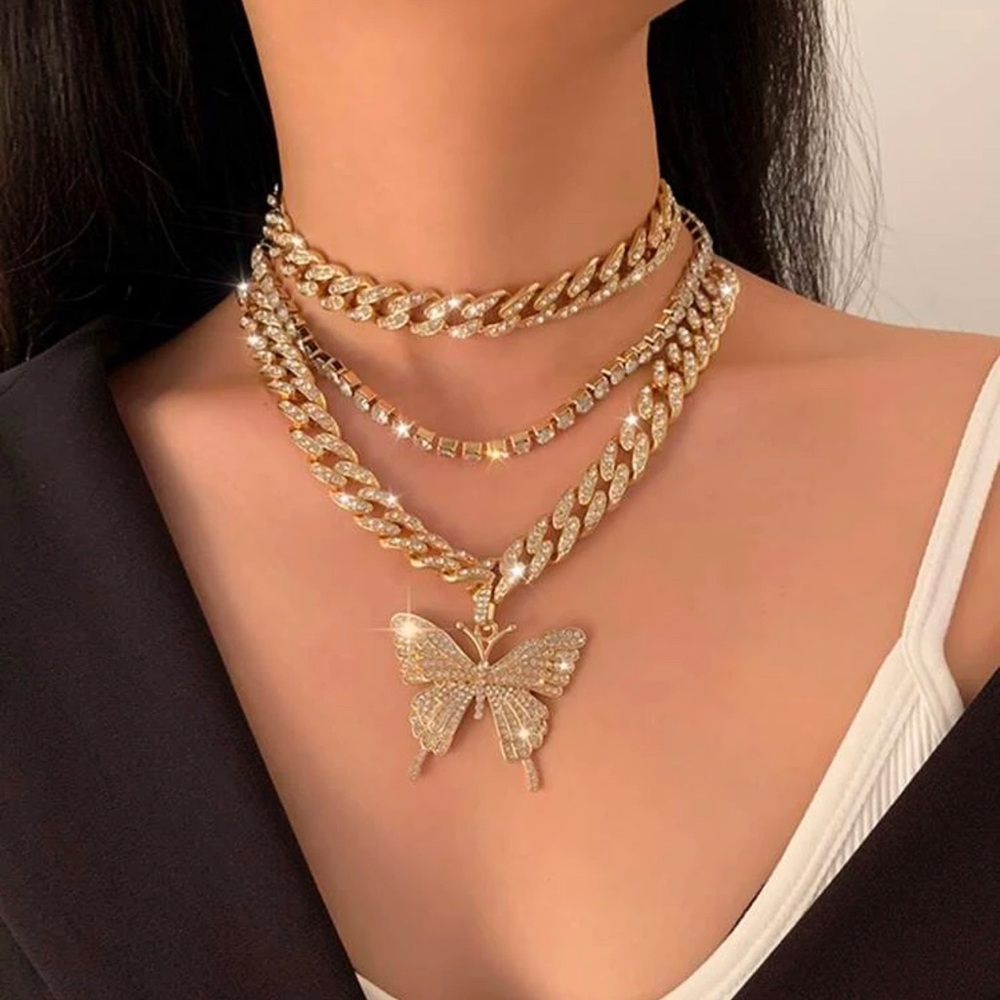 3 PC. BUTTERFLY RHINESTONE NECKLACE